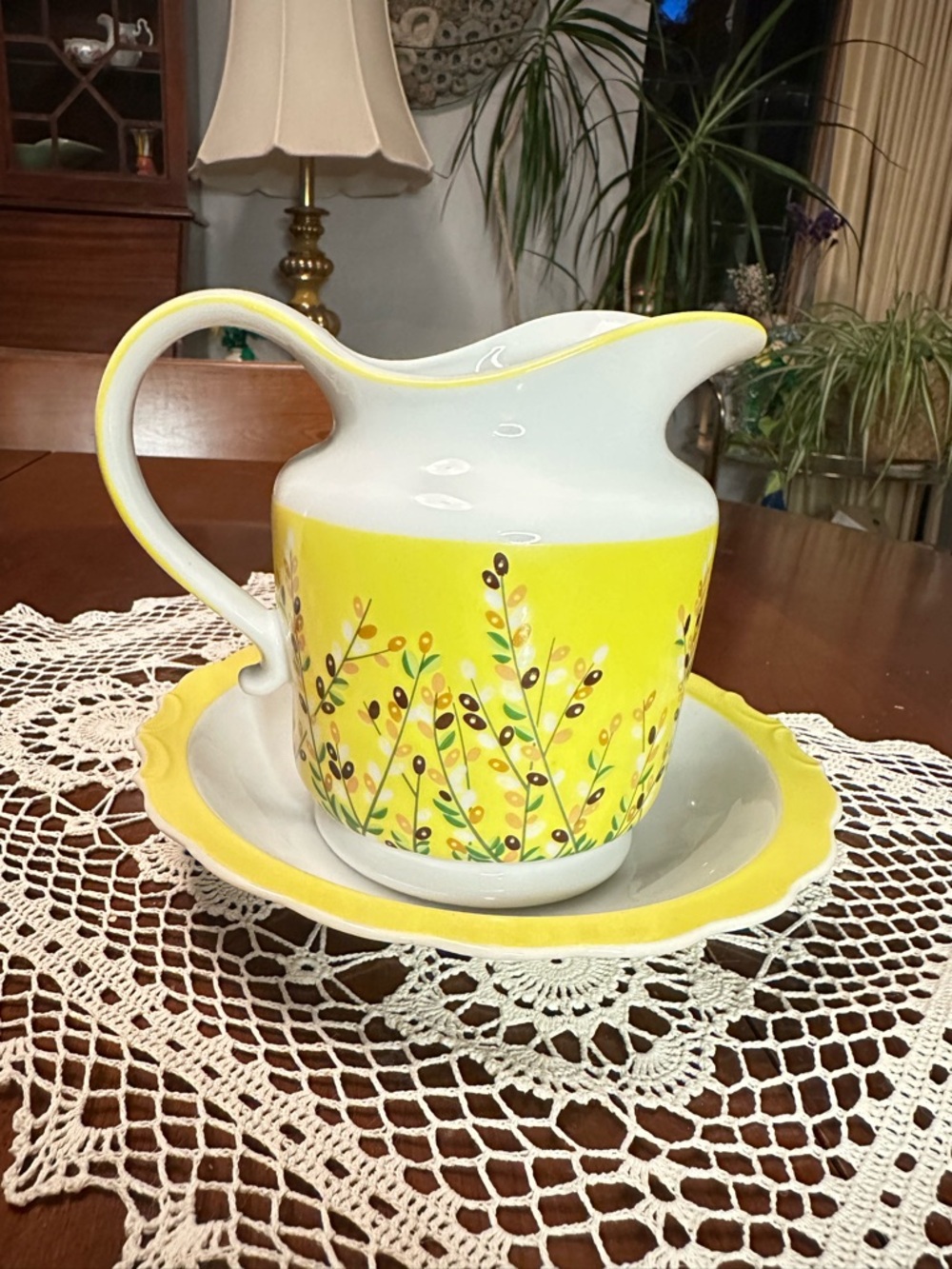Vintage JI Japan Pitcher & Basin Set Yellow Olive Pattern